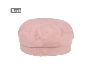 Back view of pink suede military style beret hat showing high quality stitching details