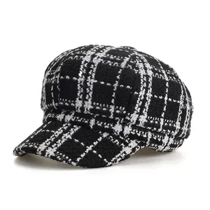 Women's Plaid Newsboy Cap Woolen Felt Checkered Beret British Retro Autumn Winter Warm Painter Hat Accessories For Ladies