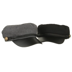 Classic gray baker boy hat with black leather brim and decorative braided cord detail