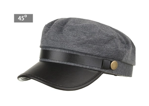 Detail view of newsboy cap with grey knit fabric and black faux leather belt decoration