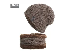 Close-up of khaki knit beanie and neck warmer set with thick plush fleece lining