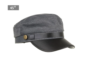 Detail view of military beret featuring gray knit fabric and black faux leather brim