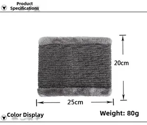 Détail du cache-col gris en polaire montrant les dimensions 25 cm de large et 20 cm de haut