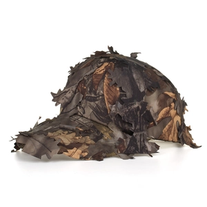Detail of 3D leaf camo baseball cap featuring realistic laser-cut synthetic foliage