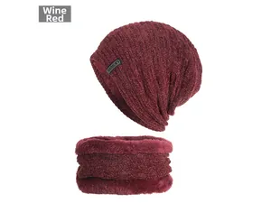 Detail of wine red knit beanie and scarf set featuring thick warm plush lining
