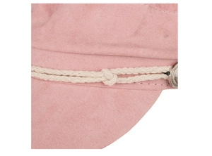 Detail of pink cotton canvas cadet hat with braided rope and embossed metal button