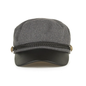 Dark grey wool newsboy cap with black PU leather brim and decorative braided rope detail