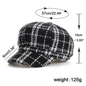 Classic black and white checkered newsboy cap for women with dimensions and specifications