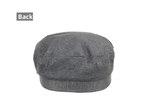 Close-up back view of dark grey fabric newsboy cap with detailed stitching and texture