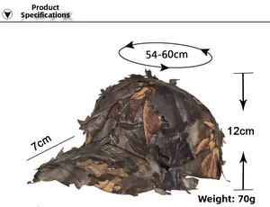 Detail view of 3D leaf camouflage baseball cap with dimensions 54-60cm and adjustable strap