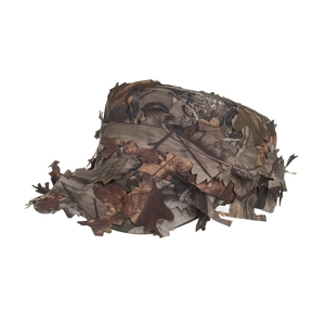 Detail of 3D leaf camouflage hunting hat with bionic forest patterns and synthetic fabric