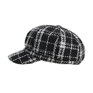 Classic black and white checkered tweed newsboy cap for women with curved brim
