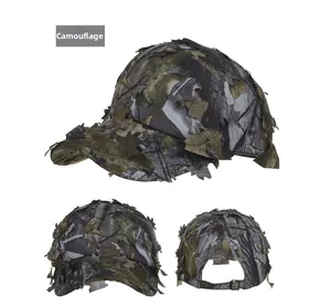 Three perspectives of a grey 3D leaf camo baseball cap with adjustable back strap