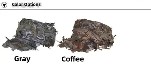 Detail view of camouflage hunting hats in grey and brown with 3D leaf camouflage pattern