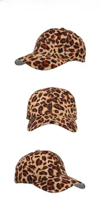 Detailed views of leopard print baseball cap showing front, side, and top perspectives