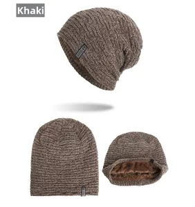 Three-view display of a khaki knitted beanie with thick fleece lining and brand logo tag