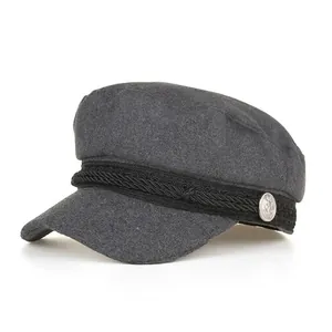 Vintage Woolen Newsboy Cap For Women Men Solid Color Sailor Hat With Braided Rope And Anchor Button Retro Flat Top Beret