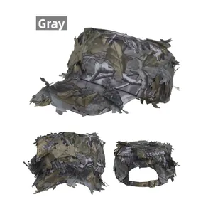 Detail of the 3D leaf camouflage pattern and adjustable metal buckle on grey tactical hat