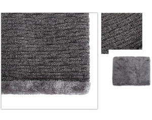 Detail of warm winter knit neck warmer with thick grey fleece lining and waffle texture