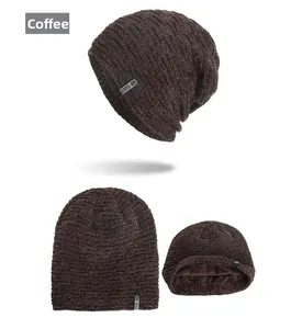 Detail view of coffee brown knit beanie featuring warm fleece lining and core true hats label