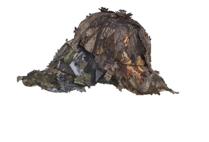 Detail showing 3D leaf camouflage patterns and synthetic fibers on the hunting cap