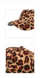 Close-up of leopard print baseball cap featuring twill cotton fabric and stitching details