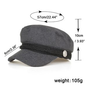 Dark gray wool blend military cap with braided band and 57cm circumference measurements