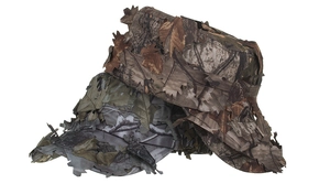 Close-up of 3D leaf camouflage hunting hats with realistic woodland camouflage patterns