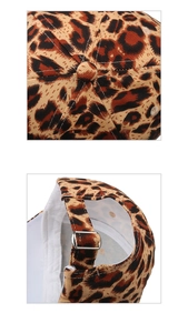 Detail of leopard print baseball cap featuring metal buckle strap and top button seams