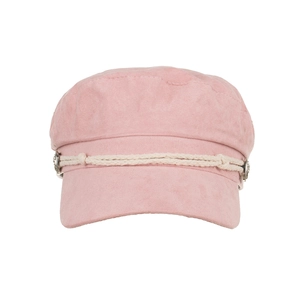 Pink faux suede cadet cap featuring white woven cord detail and silver side buttons