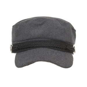 Retro dark grey wool flat cap with black braided rope and silver buttons for autumn