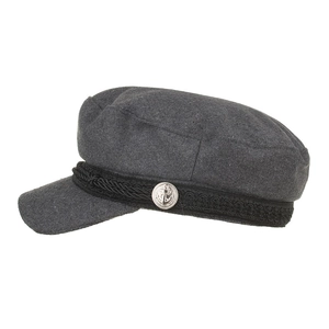Retro dark grey wool fiddler cap with black braided rope and anchor silver button detail
