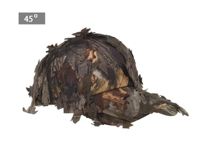 Detail of 3D leaf camouflage baseball cap featuring laser-cut jungle leaves for hunting