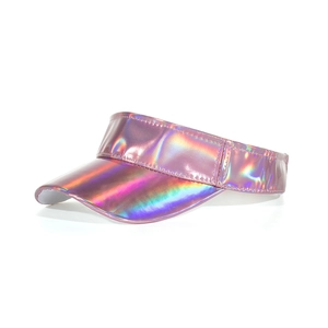 Detailed view of pink holographic laser sun visor hat with wide brim for sun protection