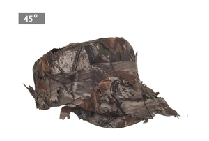 Detailed 45-degree side view of 3D leaf camouflage military flat top hat for hunting