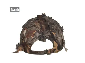 Rear view of camouflage baseball cap with 3D leaf detail and adjustable metal buckle strap