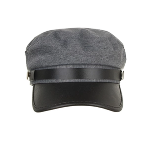 Gray and black wool blend newsboy hat with faux leather brim and metallic buckle accent