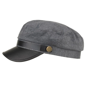 Vintage grey knit baker boy hat with black leather brim and golden metal buckle detail