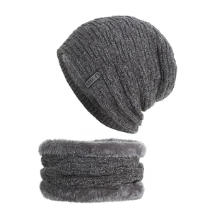 Winter knit beanie and neck warmer set in dark grey with thick fleece lining
