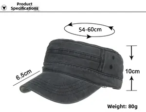 Detailed size chart for black washed cotton cadet cap showing 54-60cm head circumference