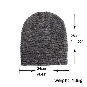 Winter fleece-lined knit beanie size guide with height and width measurement details