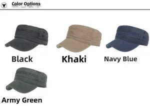 Flat top military caps shown in washed cotton fabric in black khaki navy and green