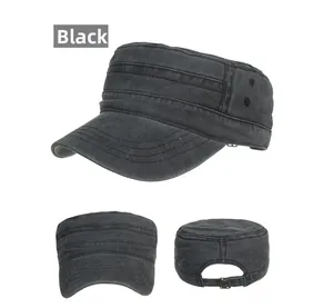 Detailed views of a black washed cotton cadet cap with metal eyelets and adjustable strap