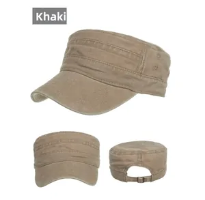 Detailed views of a khaki cotton cadet cap with metal eyelets and adjustable buckle