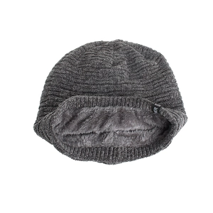 Winter thermal charcoal grey knit beanie hat with thick fleece lining and woven label