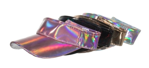 Detail of four holographic laser visors in purple, black, gold and silver finishes