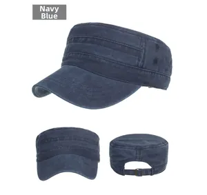 Detailed views of navy blue washed cotton cadet cap with metal buckle and side air holes