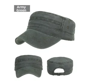 Detail of army green washed cotton cadet cap featuring metal eyelets and adjustable buckle