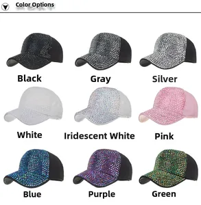 Grid view showing variety of sparkly rhinestone baseball caps in nine vibrant colors