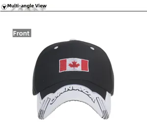 Front view of black and white baseball cap featuring Canada flag embroidery and text